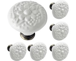 Set van 6 Kastknoppen met Witte Bloem - Meubelknoppen Keramiek Rond - Vintage/Antiek handgreep voor deur en lade