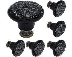 Set van 6 Kastknoppen met Zwarte Bloem - Meubelknoppen Keramiek Rond - Vintage/Antiek handgreep voor deur en lade