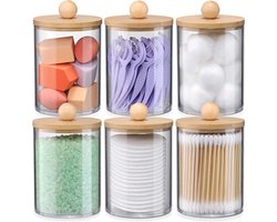 Set van 6 Katoenen Pad Houder met Bamboe Deksel en 10 oz Acryl Q-tip Houder voor Badkamer, Ideaal voor Wattenstaafjes en Wattenbollen, Inclusief 12 Stuks Witte Wattenpads