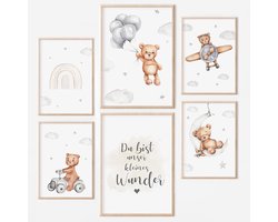 Set van 6 Kinderkamer Posters DIN A4 met Regenboog en Beertje - Wanddecoratie Jongens en Meisjes