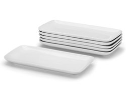 Set van 6 kleine serveerschaaltjes, keramische rechthoekige borden van 23 cm, modern sushi-bordenset, witte serveerschalen voor het serveren van eten, hapjes, nagerechten, diners en feestjes