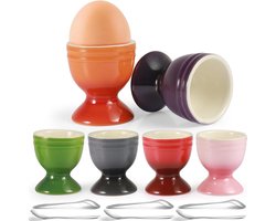 Set van 6 Kleurige Eierdopjes met Lepels voor Zachte en Harde Koken Eieren, Ø 5cm x 6cm, Ideaal voor Ontbijttafel en Vaatwasserbestendig