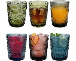 Set van 6 Kleurige Vintage Drinkglazen - 320ml Geometrisch Design voor Water, Cocktails en Sap - Stapelbare Glazen voor Kantoor en Cadeaus