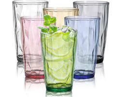 Set van 6 Kleurrijke Drinkglazen van 500 ml, Vintage Waterglazen, Herbruikbare Acrylbekers, Duurzaam en Breukbestendig