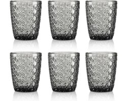 Set van 6 kleurrijke waterglazen met reliëf voor sap, cocktails, dranken, 300 ml, vaatwasmachinebestendig
