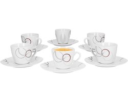 Set van 6 koffiekopjes 20cl en koffieschotel 14,5cm Palazzo - gemaakt van wit porselein met decoratieve cirkels in grijs en donkerrood