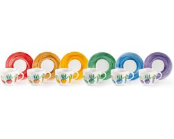 Set van 6 Koffiekopjes met Schotel van Porselein in Kleurrijk Cactus Design