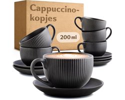Set van 6 koffiekopjes met schotels - Mat zwart keramiek - Gestreept design - 200 ml