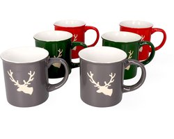 Set van 6 koffiemokken hert cilindrisch 250ml elk 2 x grijs, groen, rood - 23104784