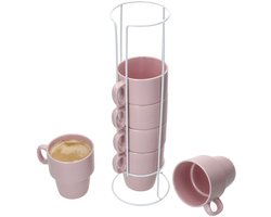 Set van 6 koffiemokken met standaard Stata Vessia roze porselein - 11801