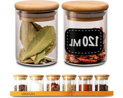 Set van 6 kruidenpotjes 120 ml - met rekje en etiketten - Luchtdicht - Vaatwasmachinebestendig - Keukenorganisatie - Specerijen, kruiden en thee Kruidenpotjes