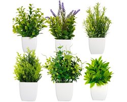 Set van 6 Kunstplanten in Pot - Mini Kunstplantjes - Kunstbloemen Decoratie voor Woonkamer, Badkamer & Kantoor - Eucalyptus & Gras - 16-23cm
