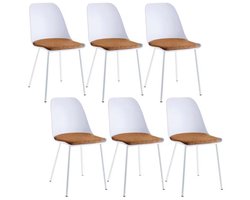 Set van 6 kunststof eetkamerstoelen met oranje fluwelen bekleding en witte metalen poten