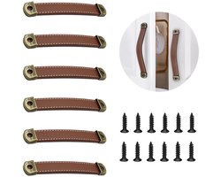 Set van 6 leren meubelgrepen, vintage kaki leren deurgrepen en ladegrepen, ergonomisch en veilig voor kasten, garderobekasten, dressoirs