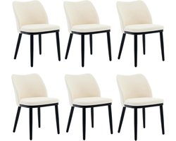 Set van 6 Luxe Eetkamerstoelen - Linnen Bekleding - wit - Met Houten Poten - Gestoffeerde Keukenstoelen - Modern & Ergonomisch