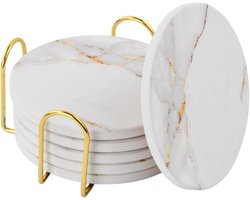 Set van 6 Marmerlook Keramische Onderzetters met Houder, Absorberend en Stijlvol voor Glazen, Perfect voor Koffietafels en Bars