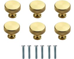 Set van 6 Massief Messing Kastknoppen - Textuur Gouden Ladegrepen met Bevestigingsschroeven, 31 x 26mm Ronde Meubelhandgrepen voor Kasten, Kledingkasten en Dressoirs - Roestvrij en Onderhoudsvriendelijk