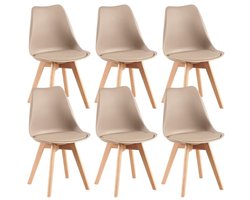Set van 6 Moderne Eetkamerstoelen met Houten Poten - PU-Leer Gevoerd en Lichtkaki