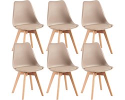 Set van 6 Moderne Eetkamerstoelen met Houten Poten - PU-Leer Gevoerd en Lichtkaki