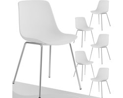 Set van 6 Moderne Kunststof Eetkamerstoelen in Wit en Chroom - Stylish en Comfortabel