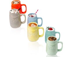 Set van 6 Nieuwe Mokken met handvat - Keramiek, Multicolor Mokken voor Koffie, Thee en Meer - 15oz In reliëf gemaakte"Drink" Decoratieve Mokken Voor Bier - Boerenhuis Keuken Decor.