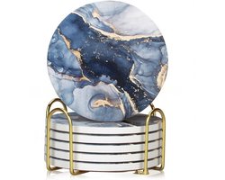Set van 6 – Onderzetters met marmerpatroon – Zeer absorberend – Inclusief houder – Rond, decoratief ontwerp – Geschikt voor theekopjes of als kurken onderzetters – Stijlvolle bar-onderzettersset – Moderne stijl – Ideaal voor eettafels