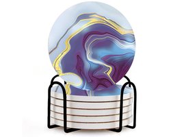 Set van 6 – Onderzetters met marmerpatroon – Zeer absorberend – Inclusief houder – Rond, decoratief ontwerp – Geschikt voor theekopjes of als kurken onderzetters – Stijlvolle bar-onderzettersset – Moderne stijl – Ideaal voor eettafels