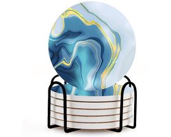 Set van 6 – Onderzetters met marmerpatroon – Zeer absorberend – Inclusief houder – Rond, decoratief ontwerp – Geschikt voor theekopjes of als kurken onderzetters – Stijlvolle bar-onderzettersset – Moderne stijl – Ideaal voor eettafels