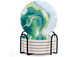 Set van 6 – Onderzetters met marmerpatroon – Zeer absorberend – Inclusief houder – Rond, decoratief ontwerp – Geschikt voor theekopjes of als kurken onderzetters – Stijlvolle bar-onderzettersset – Moderne stijl – Ideaal voor eettafels