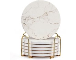 Set van 6 – Onderzetters met marmerpatroon – Zeer absorberend – Inclusief houder – Rond, decoratief ontwerp – Geschikt voor theekopjes of als kurken onderzetters – Stijlvolle bar-onderzettersset – Moderne stijl – Ideaal voor eettafels
