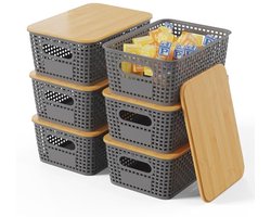 Set van 6 opbergdozen met bamboedeksel - 5L kunststof manden voor keuken en kast