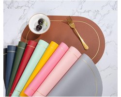 Set van 6 Ovalen Tafellopers van Leer 45 cm x 30 cm, Wasbare en Hittebestendige Tafelonderzetters, Decoratie voor Eettafel, Antislip Design, Luxe Grijs en Goud