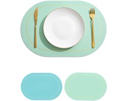 Set van 6 Ovalen Tafellopers van Leer in Groen en Blauw - Wasbaar, Antislip en Warmtebestendig voor Eettafel Decoratie en Bescherming
