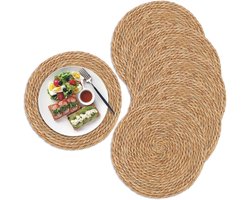 Set van 6 placemats - Placemats - Pannenlappen - Geweven placemats - Rotan placemats - Rond - Handgeweven -30cm - Placemats - Tafeldecoratie - Eettafel, Huis, Bruiloft - Rieten placemats - 12 inch - Bruin