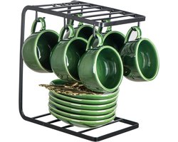 Set van 6 Porseleinen Espresso Koffiekopjes met Schotels en Lepels - Ideaal voor Cappuccino, Latte en Thee - Groene Kleur met Metalen Stand