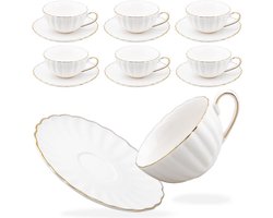 Set van 6 Porseleinen Theekopjes en Schotels - Klassieke Britse Stijl Koffiekopjes - 200 ml