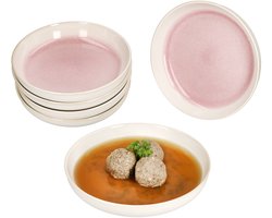 Set van 6 REACTIVE GLAZE PARIS crème & roze steengoed soepborden