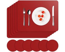 Set van 6 Rode Placemats en Ondertzetters - Waterdichte, Hittebestendige Tafelmatten van PU Leer voor Binnen en Buiten Gebruik - Wasbare Keukenaccessoires voor Feesten en Dagelijks Gebruik