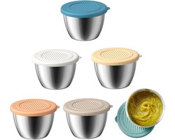 Set van 6 roestvrijstalen dipschaaltjes, mini-bakjes met deksel - 80 ml saladedressingbakjes voor sauzen, dips, snacks en kruiden (geschikt voor op reis)