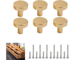 Set van 6 ronde gouden ladeknoppen in massief messing met 12 schroeven, perfect voor kasten, meubels en ladekasten (diameter 25 mm, hoogte 20 mm)