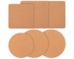 Set van 6 Ronde Kurken Coasters, 16 cm en 19 cm, Natuurlijke Kurken Onderzetters voor Warmtebescherming in Keuken en Huishouden, 1 cm Dik