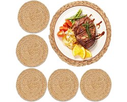 Set van 6 ronde placemats van zeegras en waterhyacint - 30 cm - afwasbaar - natuur - boho - eettafel onderzetters - pannenonderzetter - isolerende placemats
