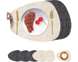 Set van 6 ronde vilt placemats en onderzetters, wasbare en antislip tafelsets in leerlook, crème wit