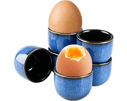 Set van 6 stapelbare keramische eierdopjes in blauw, vaatwasser- en magnetronbestendig, perfect voor ontbijt en eettafeldecoratie