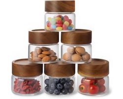 Set van 6 stapelbare, luchtdichte glazen potten van 118 ml (met acaciahouten deksel) – klein formaat, geschikt voor overnight oats, het bewaren van kruiden en specerijen, het bewaren van verse kruiden en als voorraadpotten