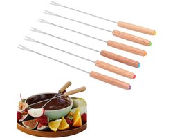 Set van 6 stuks - Fonduevork van roestvrij staal - Kaasfonduevork - Fruitvork met houten handvat - Kaasfonduestokje - Met houten handvat - 24×1cm - Geschikt voor chocoladefonteinen, marshmallows roosteren, desserts, barbecues