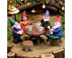 Set van 6 tuinkabouters – Schattige en levensechte kabouterbeeldjes – Verzamelbare harskabouters – Inclusief bankje en tafel – Tuindecoratie voor buiten – Verzamelkabouters – Buitendecoratie