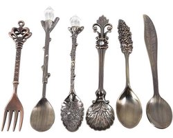 Set van 6 vintage dessertlepels en vorken voor koffie, theelepel, ijs en fruit - Mini gesneden servies voor eetkamer en keuken - Ideaal voor zoete snacks - Antiek messing.