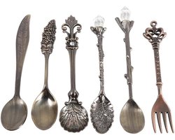 Set van 6 vintage lepels dessert koffie roerlepel theelepel ijs lepel fruit vork Royal metaal mini gesneden servies fruit lepel voor keuken eetkamer bar zoete snacks (antiek messing)