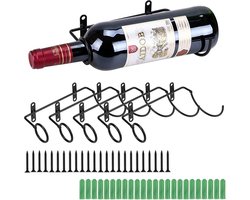 Set van 6 wandgemonteerde ijzeren wijnfleshouders - rode wijn volwassen dranken drankfles displayhouder, metalen hangende wijnrek organizer, flessenopberghouder (flessenmond aan de linkerkant)